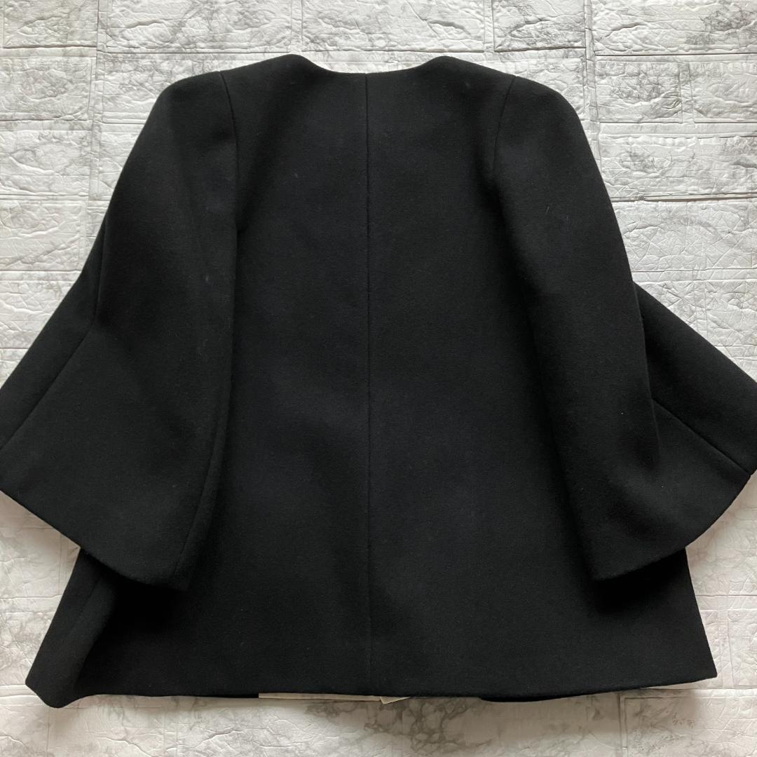 美品◎Drawer ノーカラーショートコート メルトン ウール シルク ブラック