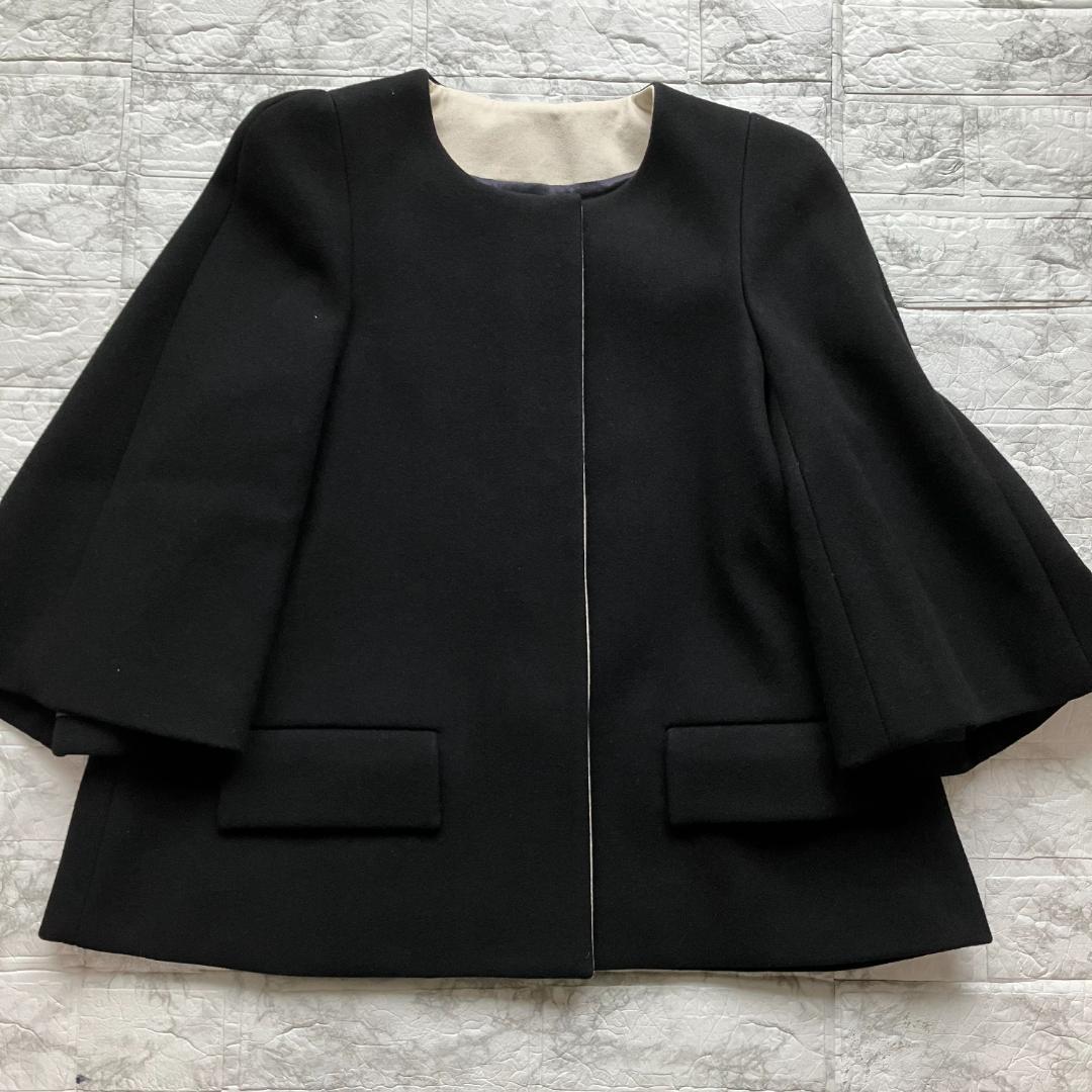 美品◎Drawer ノーカラーショートコート メルトン ウール シルク ブラック