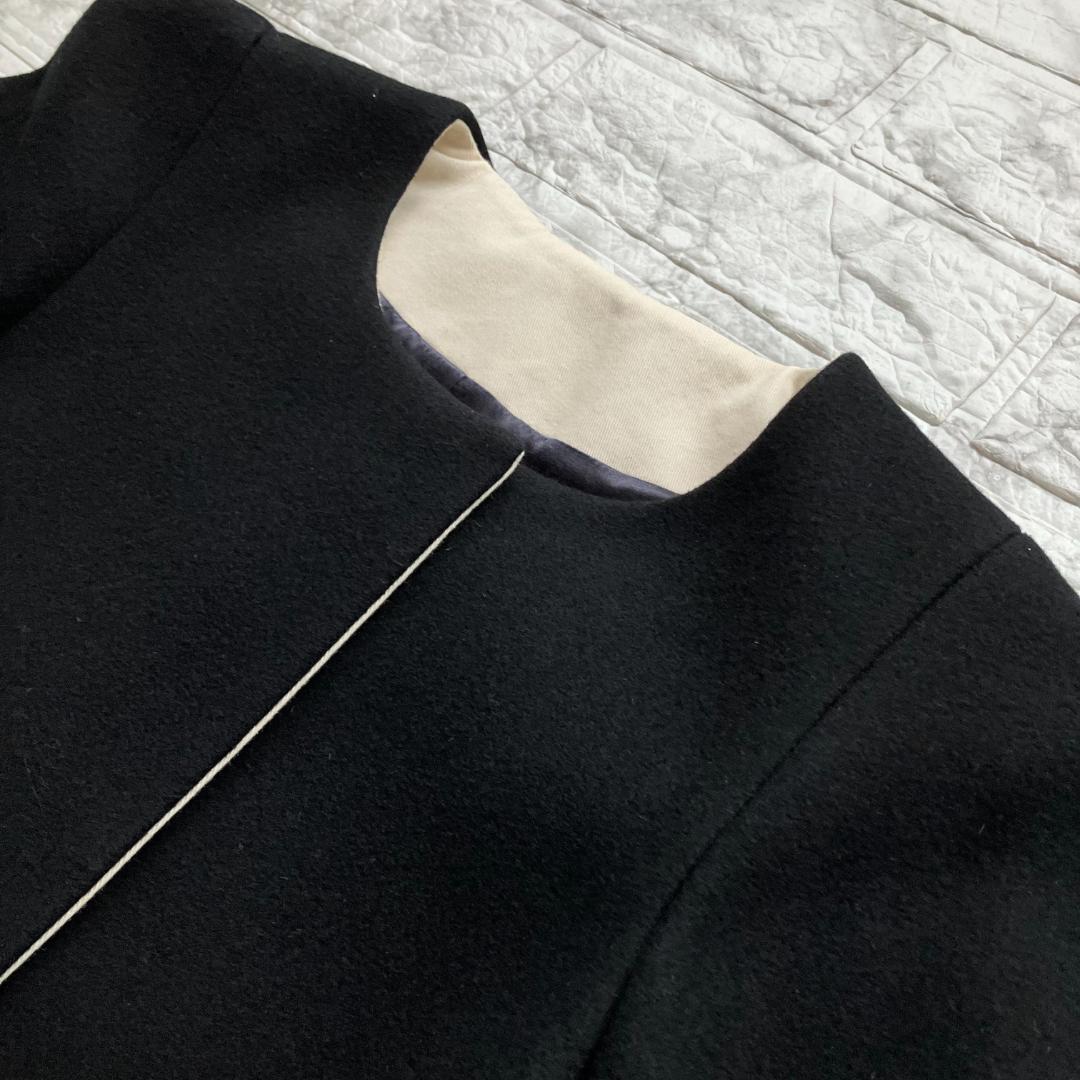 美品◎Drawer ノーカラーショートコート メルトン ウール シルク ブラック