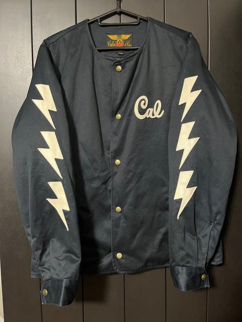 CALEE キャリー ノーカラーワークジャケット ネイビー M ワッペンレザー