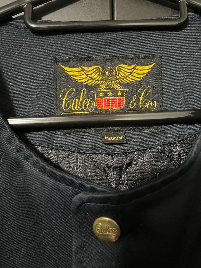 CALEE キャリー ノーカラーワークジャケット ネイビー M ワッペンレザー