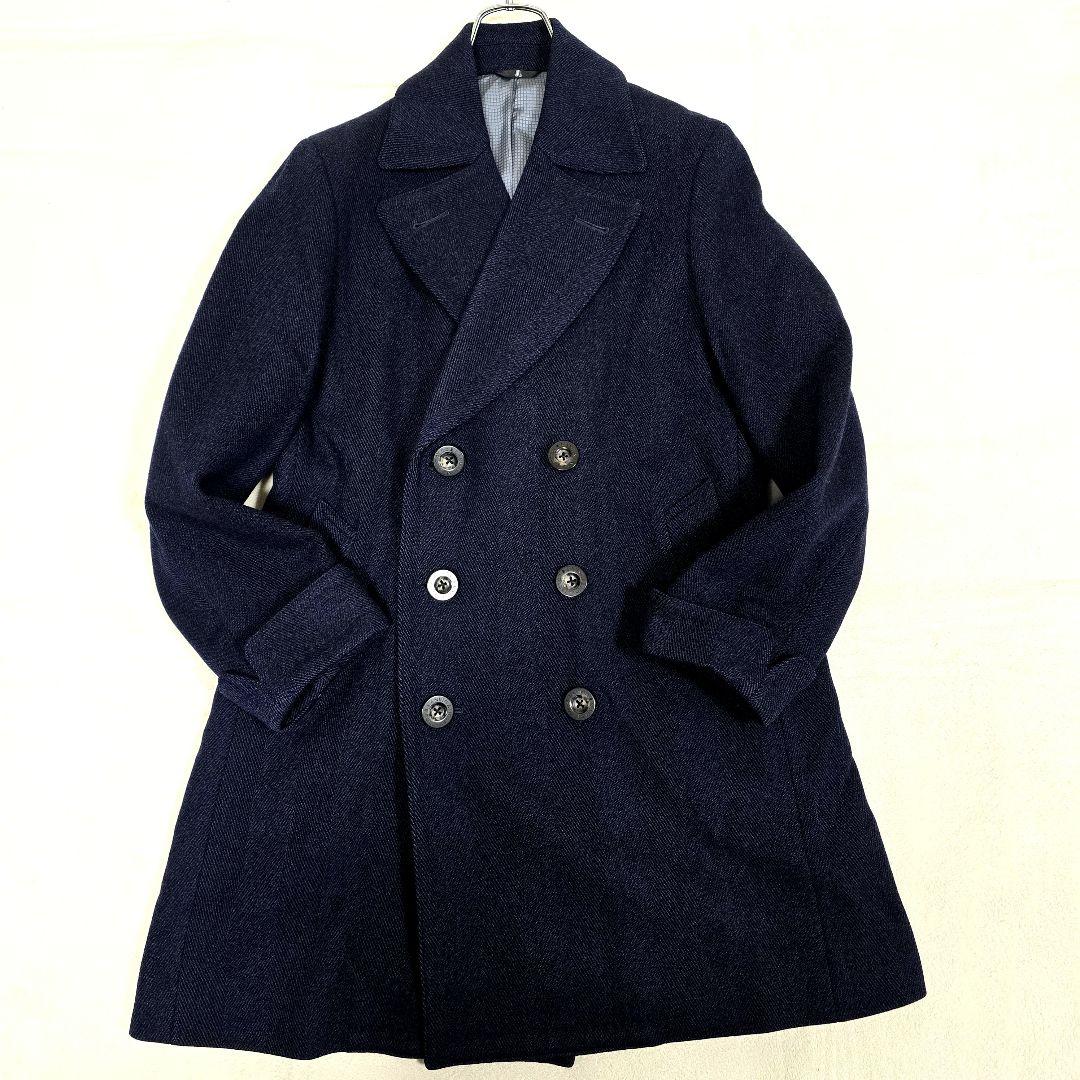 極美品 ランバンコレクション チェスターコート ダブル ヘリンボーン 紺 48