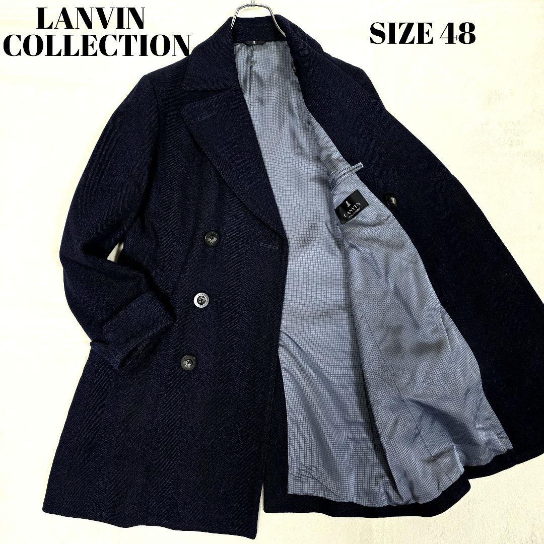 極美品 ランバンコレクション チェスターコート ダブル ヘリンボーン 紺 48