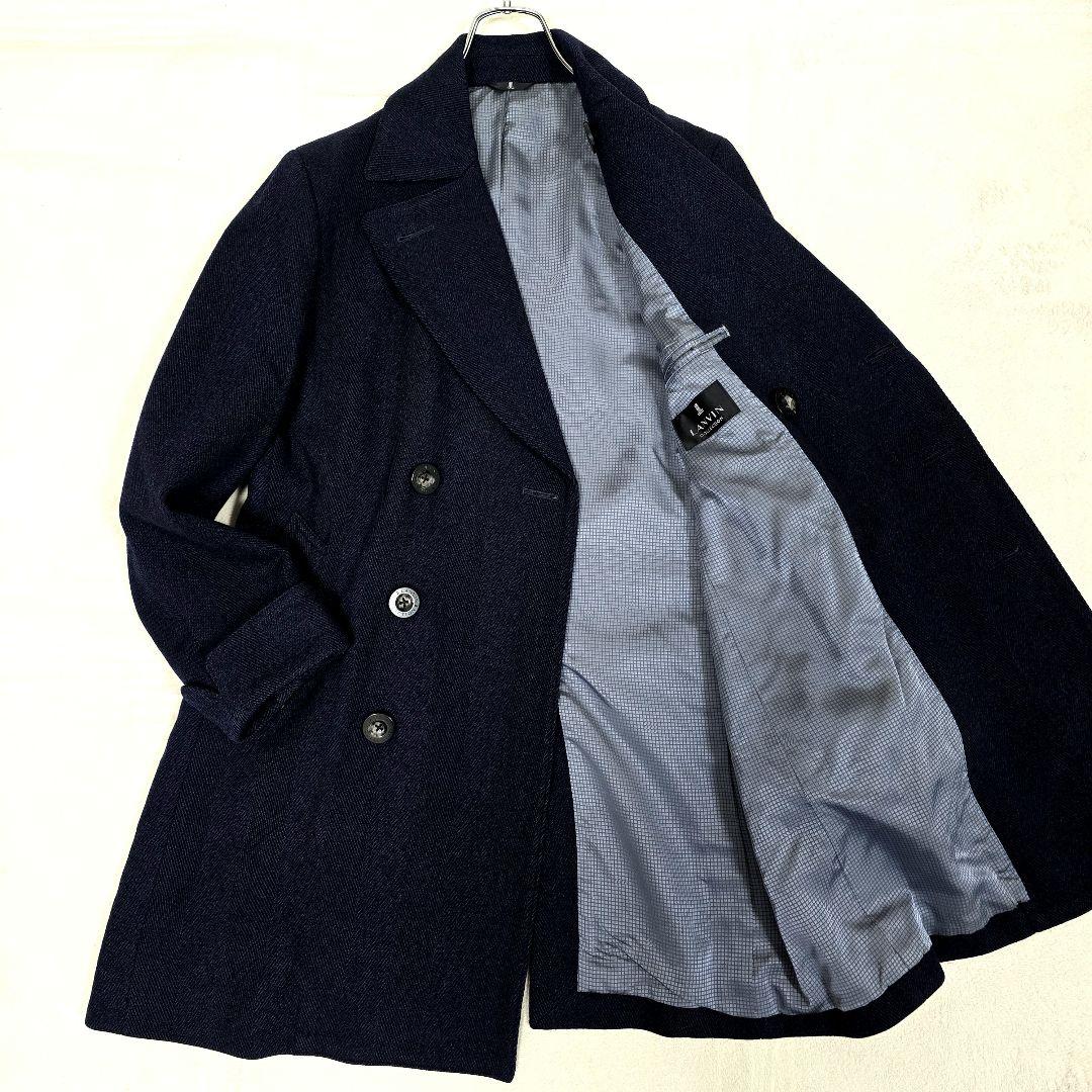 極美品 ランバンコレクション チェスターコート ダブル ヘリンボーン 紺 48