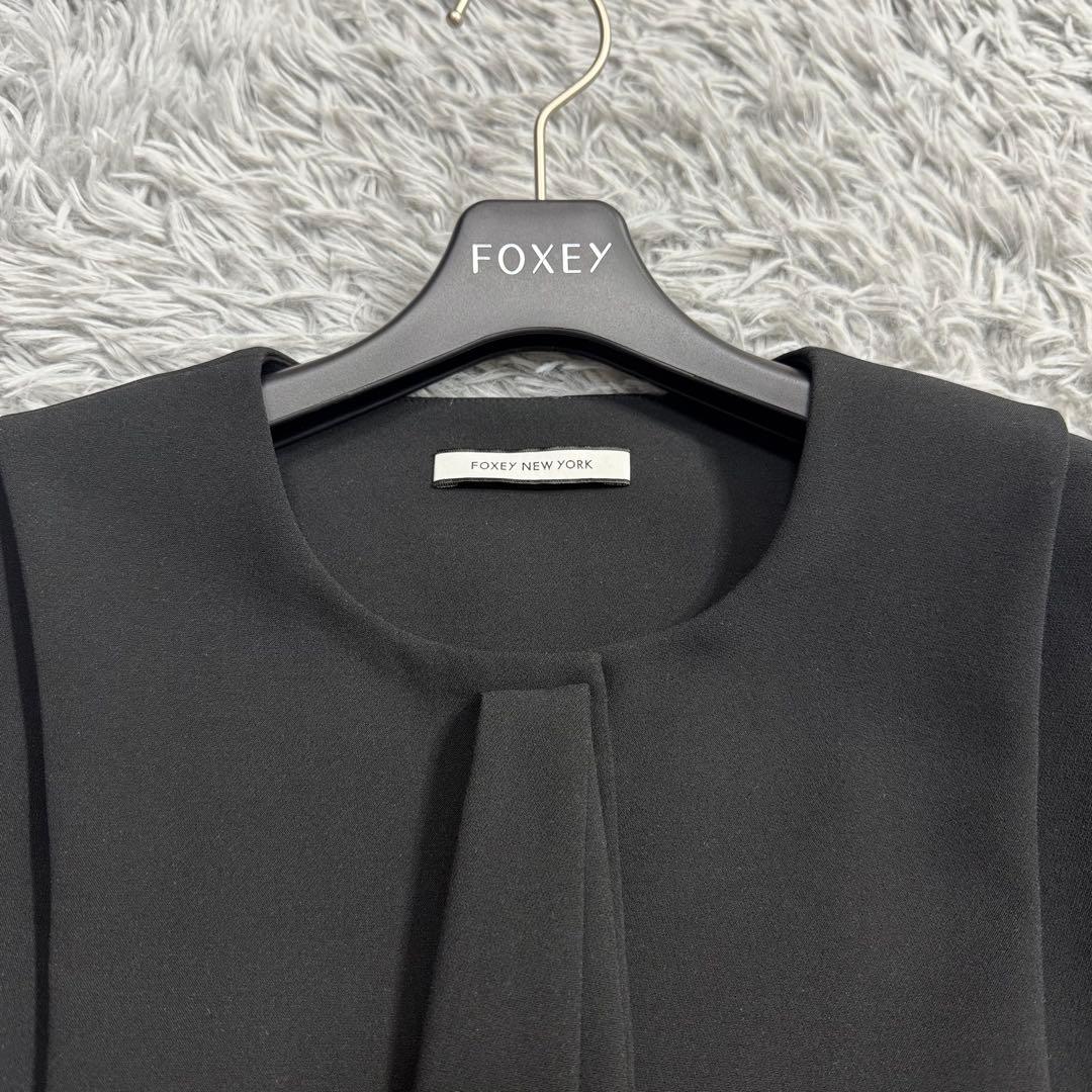 美品✨フォクシー ボウタイノーカラージャケット 比翼 フォーマル ブラック 40