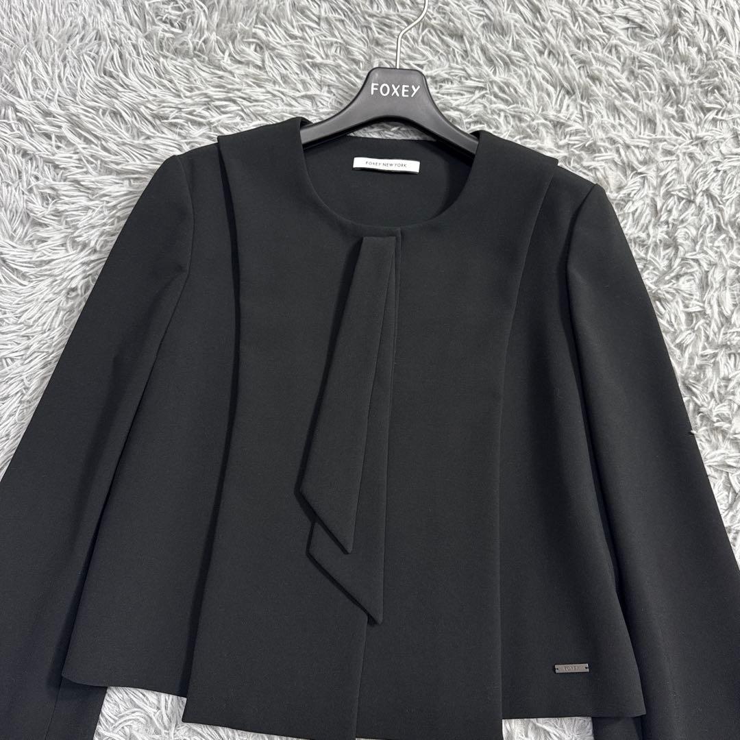 美品✨フォクシー ボウタイノーカラージャケット 比翼 フォーマル ブラック 40