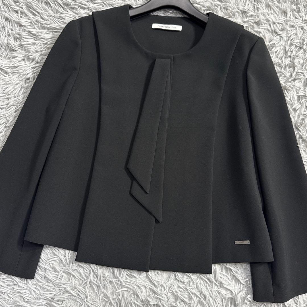 美品✨フォクシー ボウタイノーカラージャケット 比翼 フォーマル ブラック 40