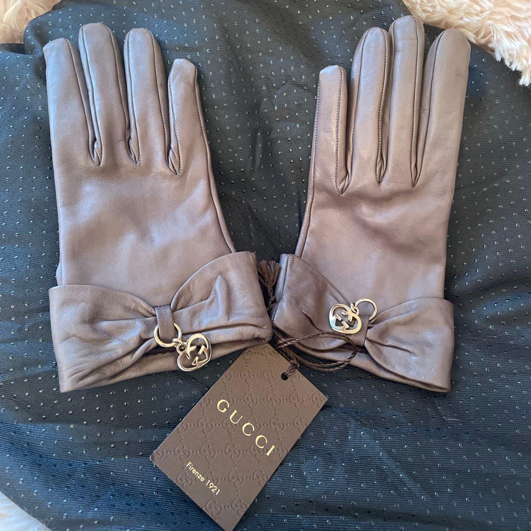 GUCCI リボン付きグレー手袋