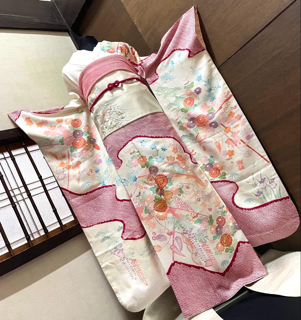 振袖 フルセット6点サイズM〜Ｌ駒刺繍　絞り　宝尽くし花文　金彩　正絹