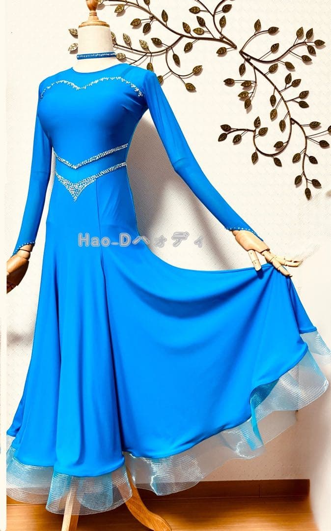 新品★ダンスドレス★スタンダード★社交ダンス★競技会★パーティー★シアンブルー