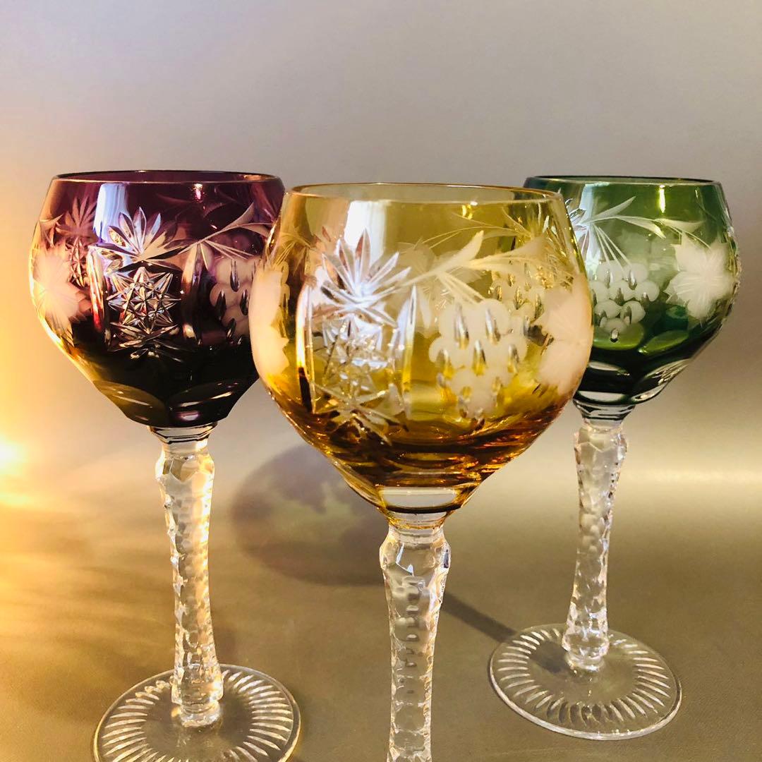 N364、ボヘミア クリスタル 切子 ワイングラス パープル ペア3個 セット