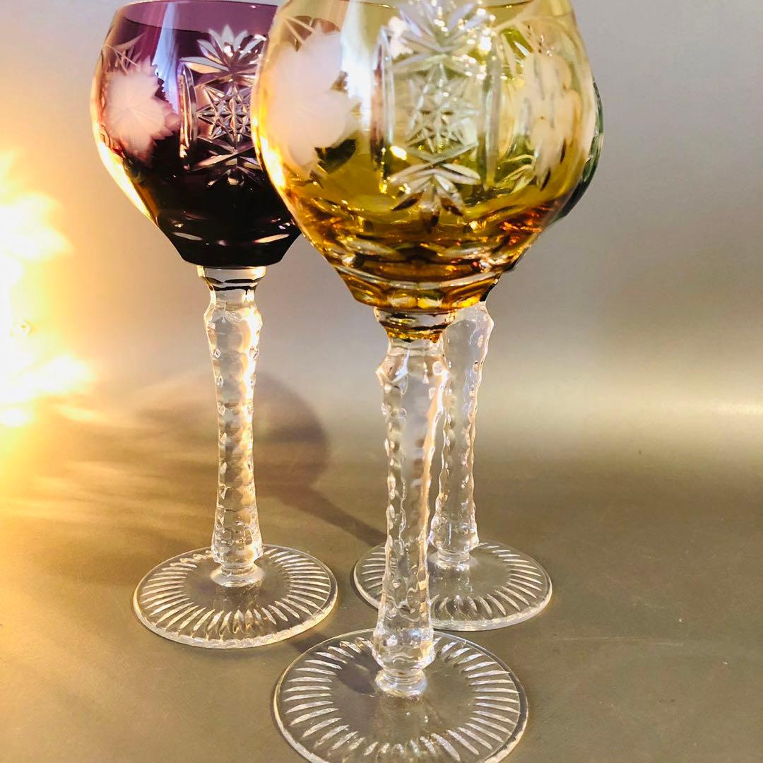 N364、ボヘミア クリスタル 切子 ワイングラス パープル ペア3個 セット