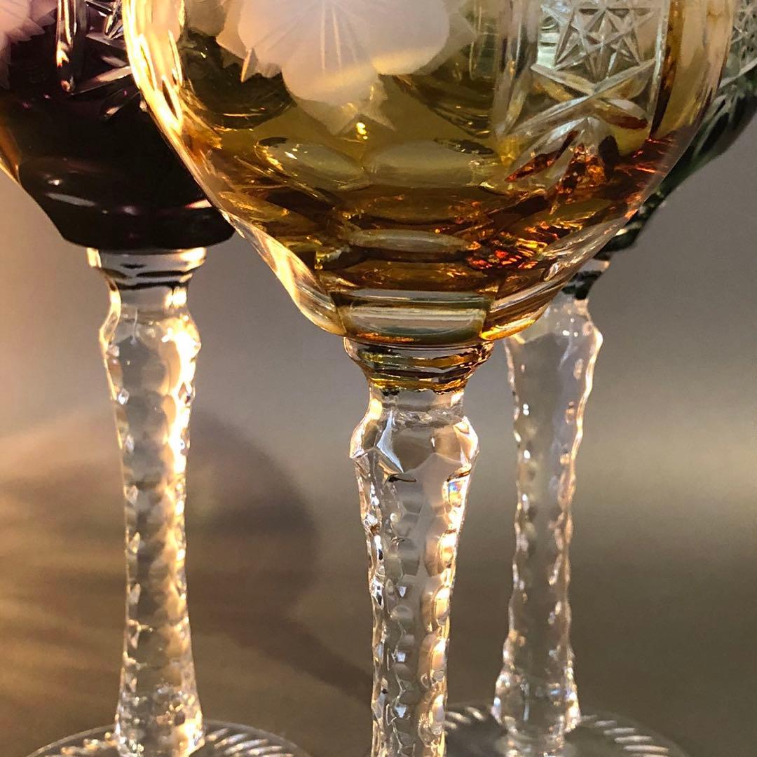 N364、ボヘミア クリスタル 切子 ワイングラス パープル ペア3個 セット