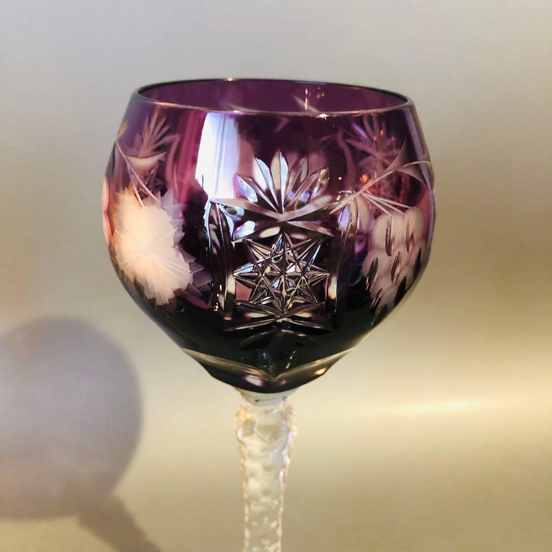 N364、ボヘミア クリスタル 切子 ワイングラス パープル ペア3個 セット
