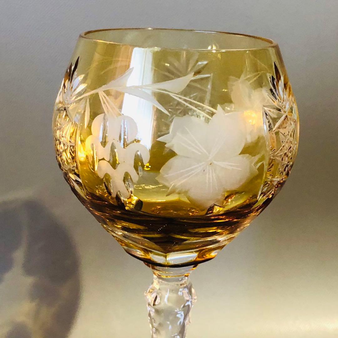 N364、ボヘミア クリスタル 切子 ワイングラス パープル ペア3個 セット