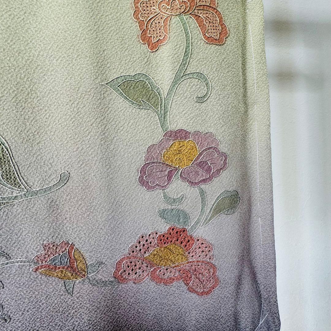 しつけ付き　正絹　袷　訪問着　着物　161裄64　汕頭刺繍　グラデ　黄緑　虹色