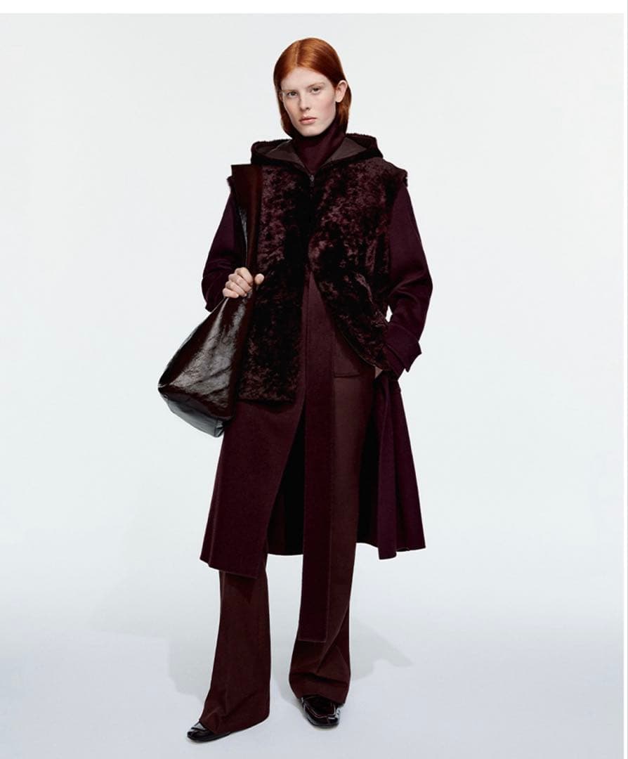 超美品　バーガンディ カシミアウールロングコート JOSEPH