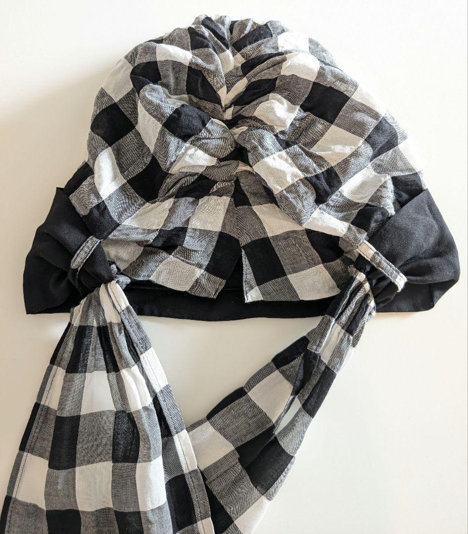 美品☆BAREN スカーフハット ギンガムブラック M　シュシュ・ポーチ付き
