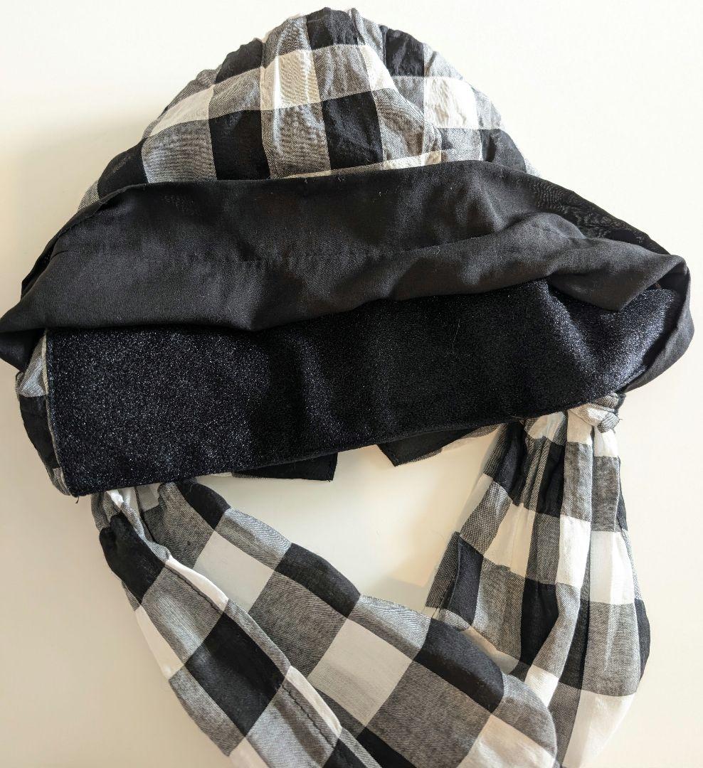 美品☆BAREN スカーフハット ギンガムブラック M　シュシュ・ポーチ付き
