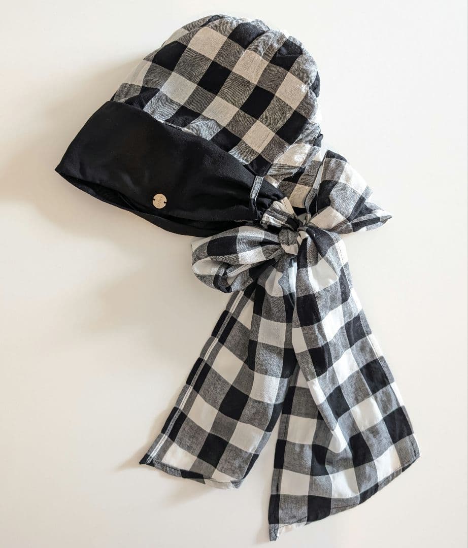 美品☆BAREN スカーフハット ギンガムブラック M　シュシュ・ポーチ付き
