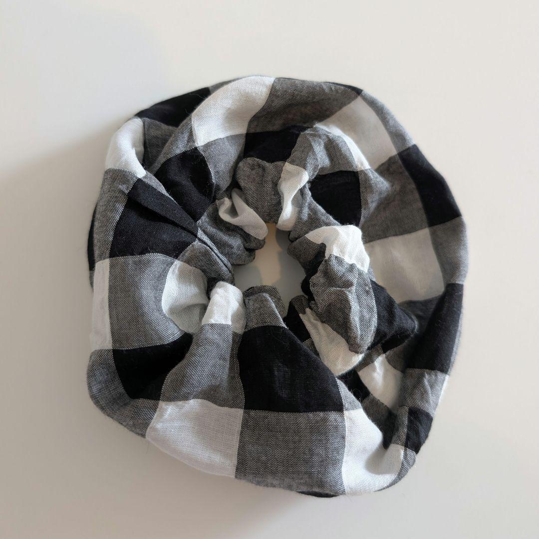 美品☆BAREN スカーフハット ギンガムブラック M　シュシュ・ポーチ付き