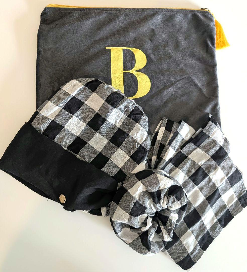 美品☆BAREN スカーフハット ギンガムブラック M　シュシュ・ポーチ付き