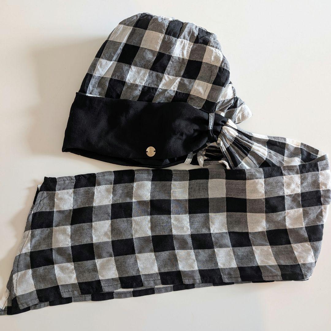 美品☆BAREN スカーフハット ギンガムブラック M　シュシュ・ポーチ付き