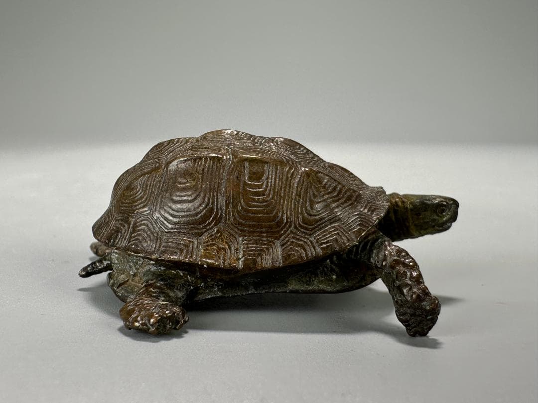 銅製　はた　在銘　亀　カメ　置物　頭尾可動式　鼈　細密細工　煎茶飾り　盆景