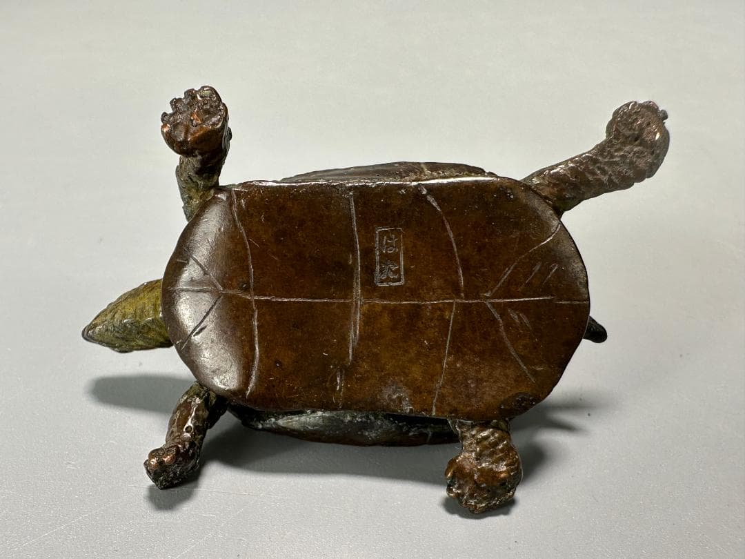 銅製　はた　在銘　亀　カメ　置物　頭尾可動式　鼈　細密細工　煎茶飾り　盆景