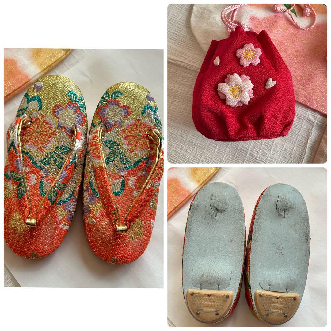 七五三 3歳 被布 着物 絹 三歳 白 ピンク 草履 753 巾着 女の子