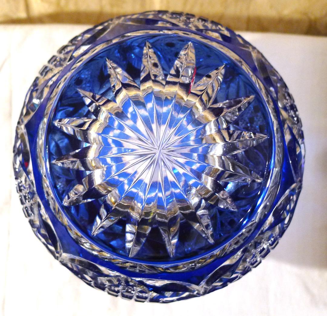 ◇【江戸切子】木村秋雄作クリア＆ブルーカラーフラワーベース（専用箱付）未使用品◇