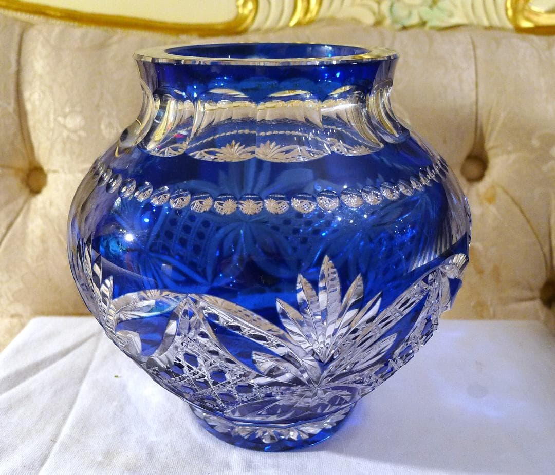 ◇【江戸切子】木村秋雄作クリア＆ブルーカラーフラワーベース（専用箱付）未使用品◇