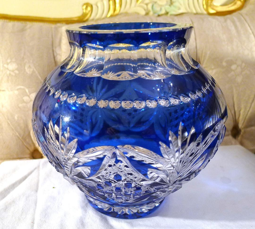 ◇【江戸切子】木村秋雄作クリア＆ブルーカラーフラワーベース（専用箱付）未使用品◇