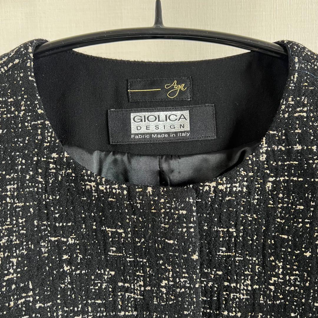 新品AgaアーガGIOLICAジオリカラメツイードノーカラージャケット黒ヤマダヤ