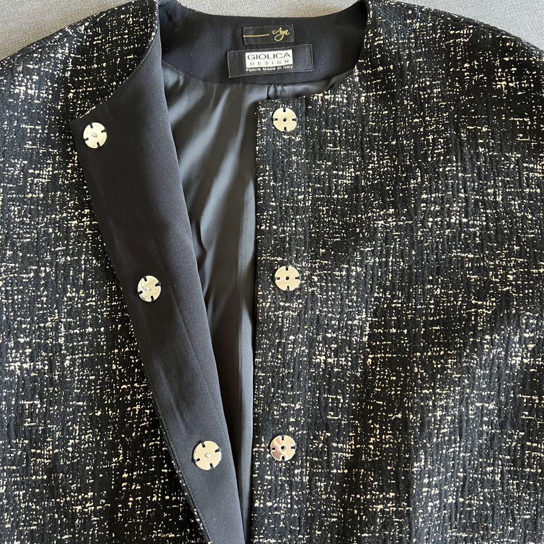 新品AgaアーガGIOLICAジオリカラメツイードノーカラージャケット黒ヤマダヤ