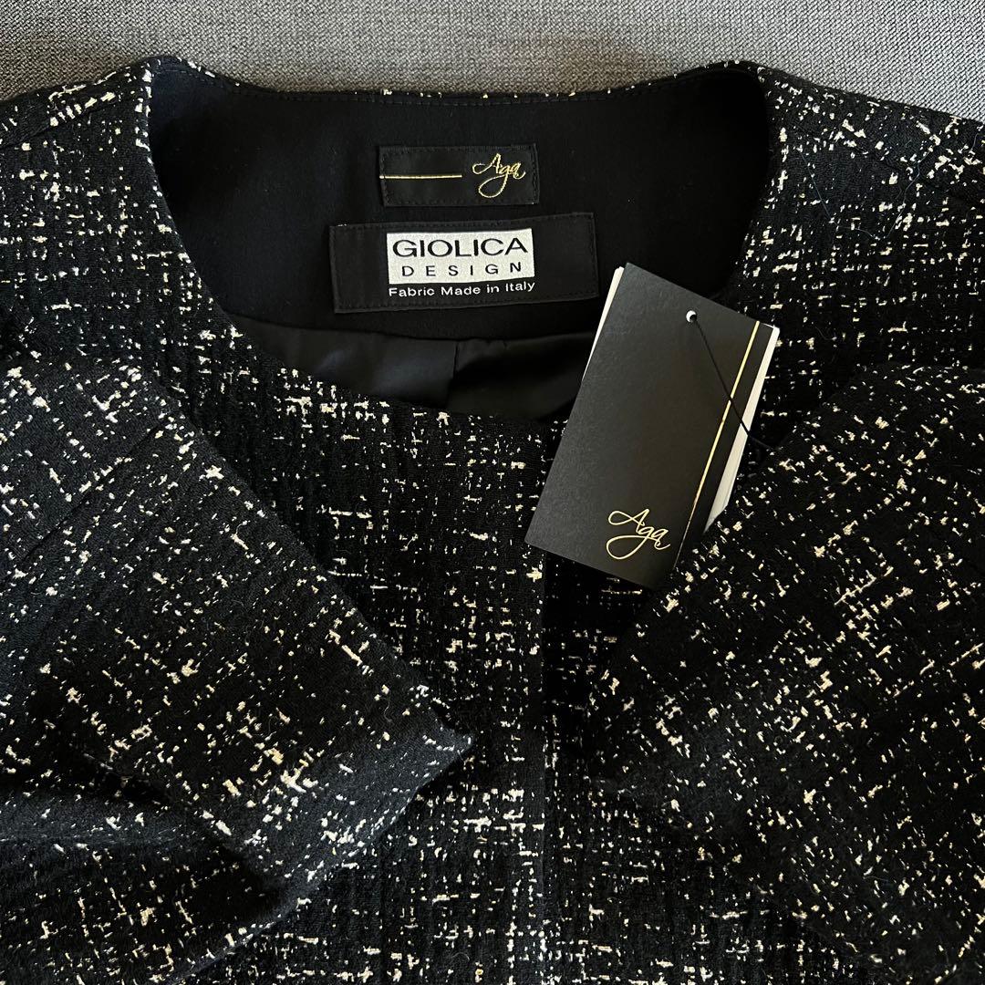 新品AgaアーガGIOLICAジオリカラメツイードノーカラージャケット黒ヤマダヤ