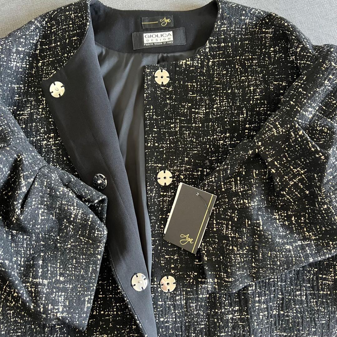 新品AgaアーガGIOLICAジオリカラメツイードノーカラージャケット黒ヤマダヤ