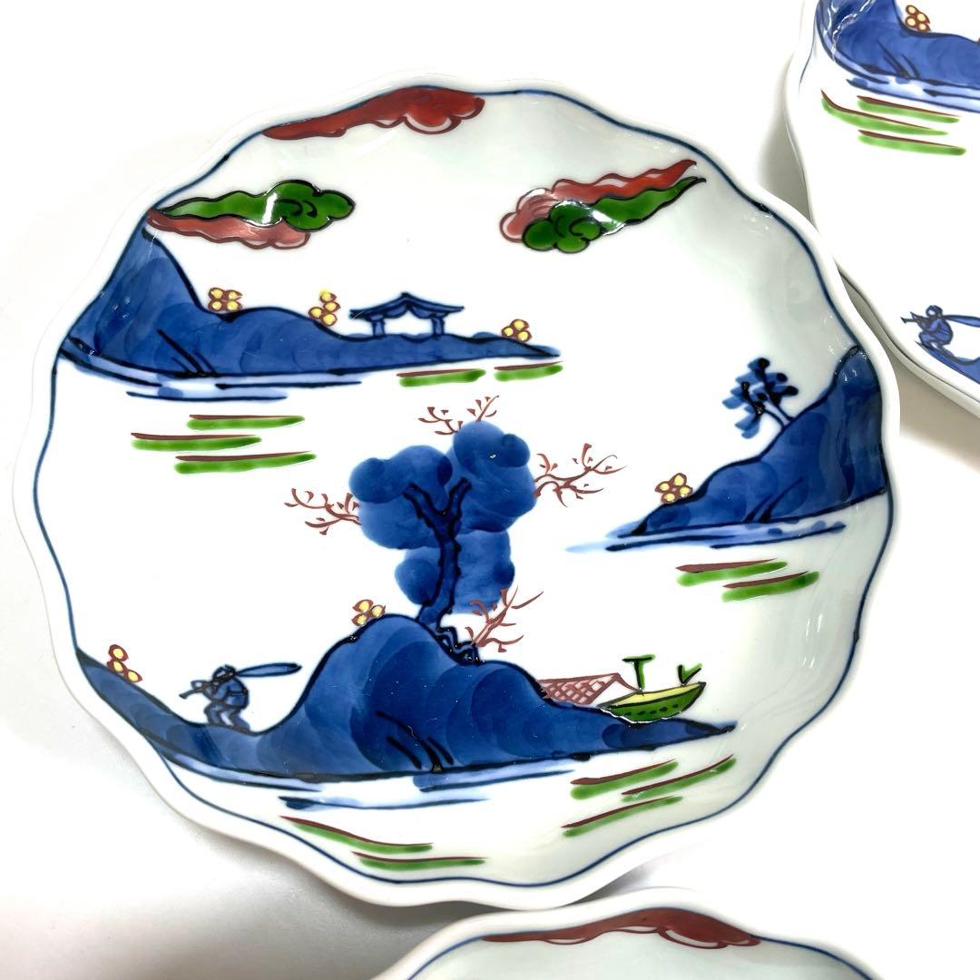 源右衛門 作 染錦 山水絵 花形 銘々皿 共箱