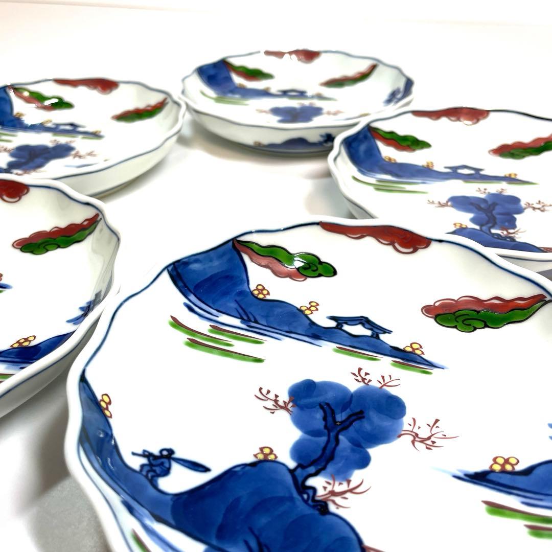 源右衛門 作 染錦 山水絵 花形 銘々皿 共箱