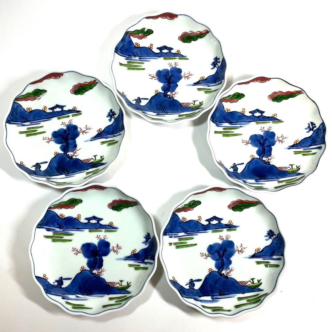 源右衛門 作 染錦 山水絵 花形 銘々皿 共箱