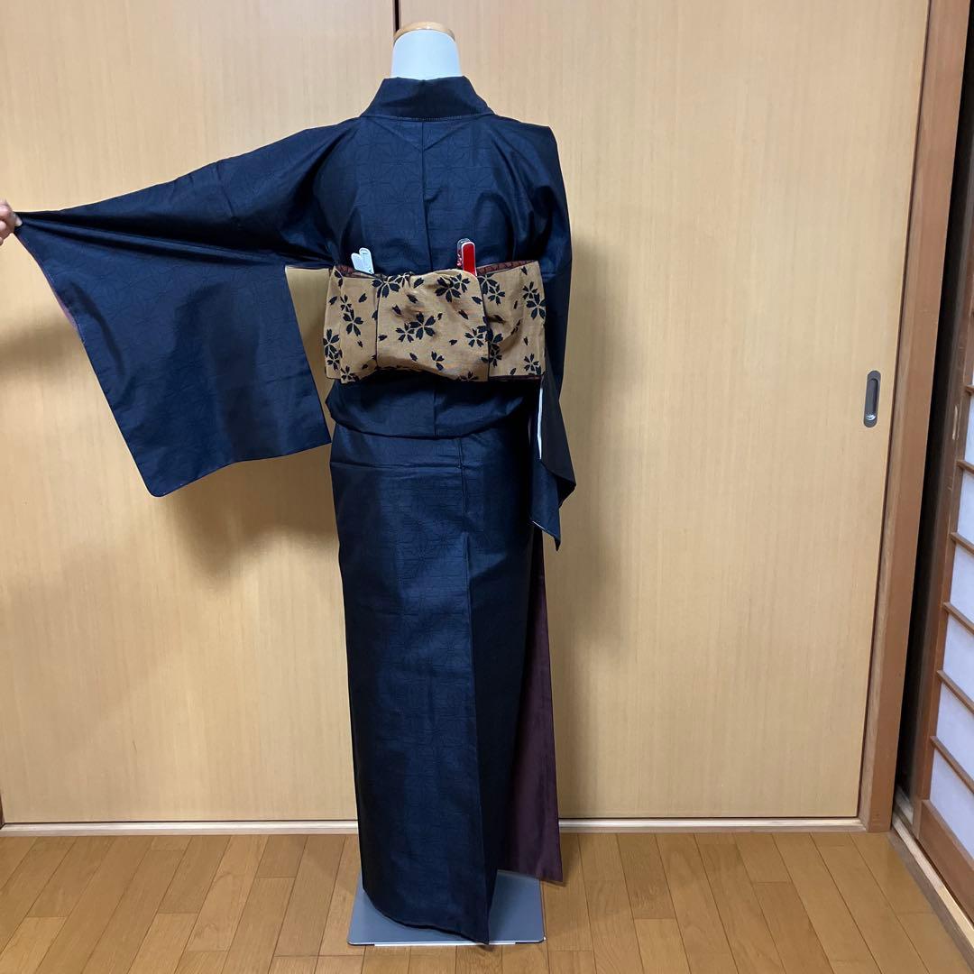 大島紬 ASアンサンブル 着物と道中着セット 藍色大島 麻の葉模様