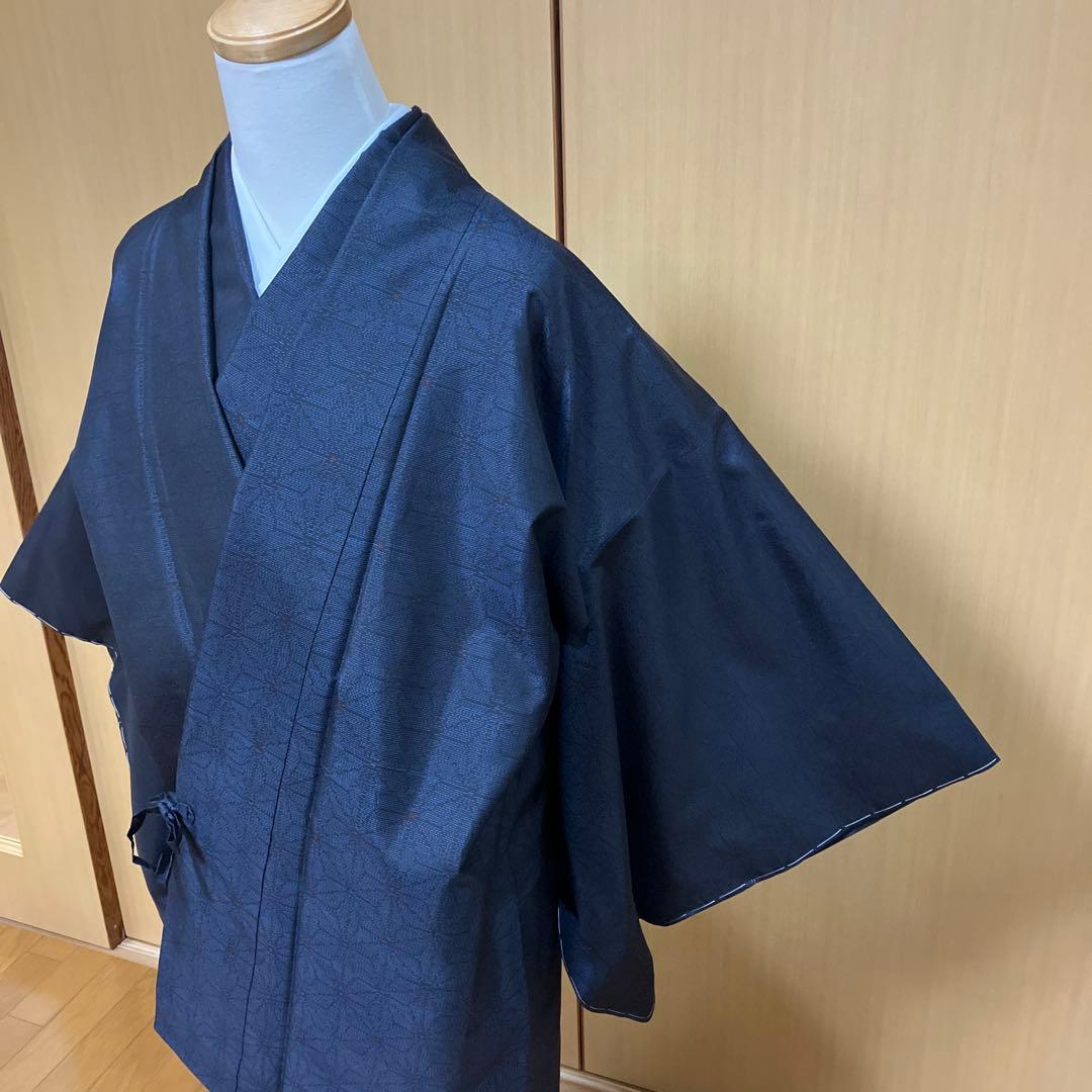 大島紬 ASアンサンブル 着物と道中着セット 藍色大島 麻の葉模様