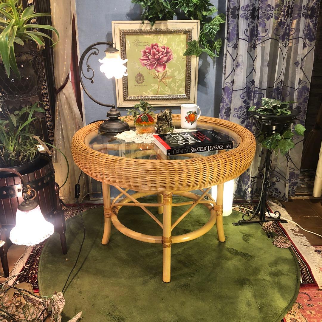 せいここちゃん　ナチュラル　籐ラタンフレーム サイドテーブル 丸テーブル