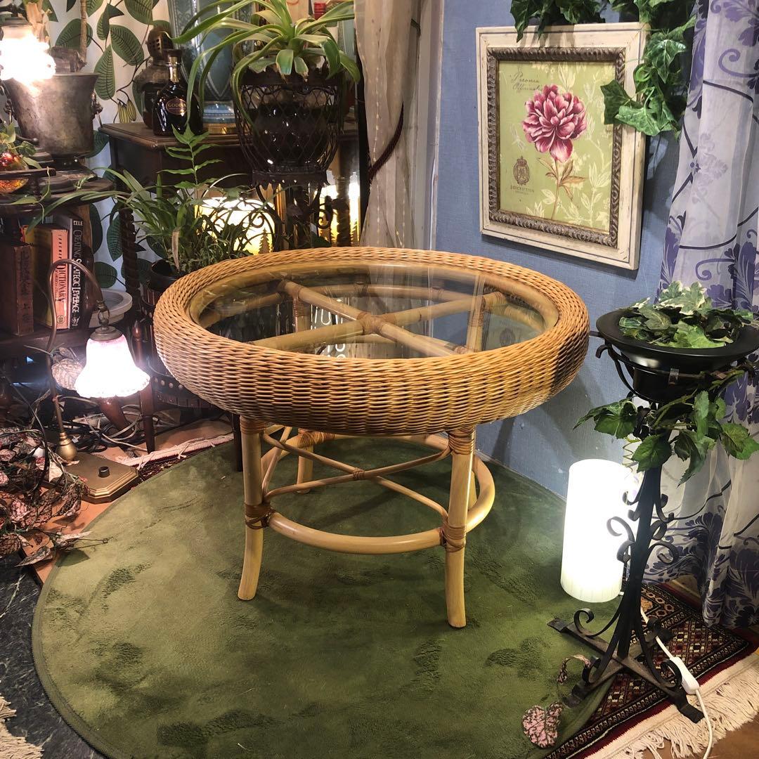 せいここちゃん　ナチュラル　籐ラタンフレーム サイドテーブル 丸テーブル