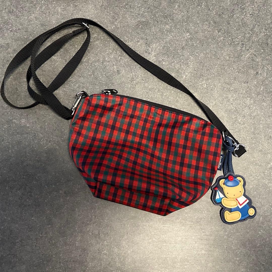 ファミリア　ショルダーバッグ　ポシェット　赤チェック　舟形