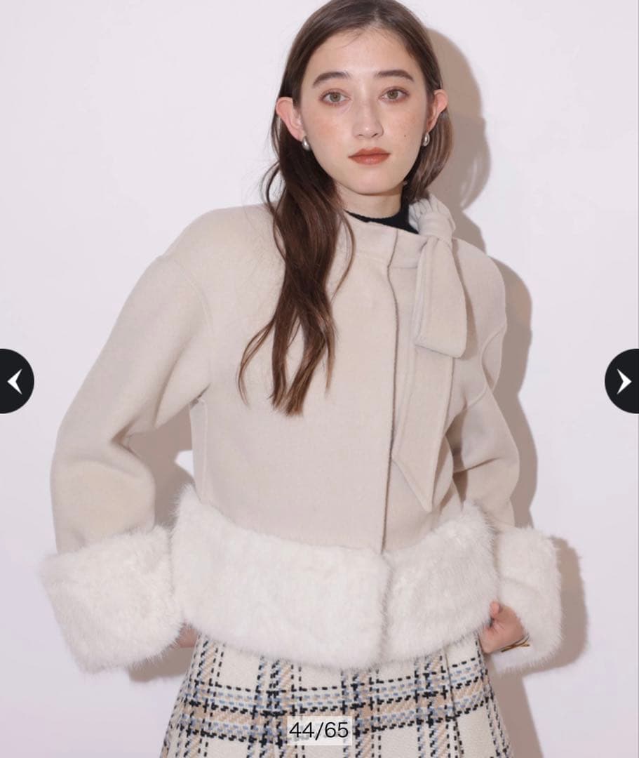 リランドチュール リボンネックファーリバーコート 薄ベージュ S