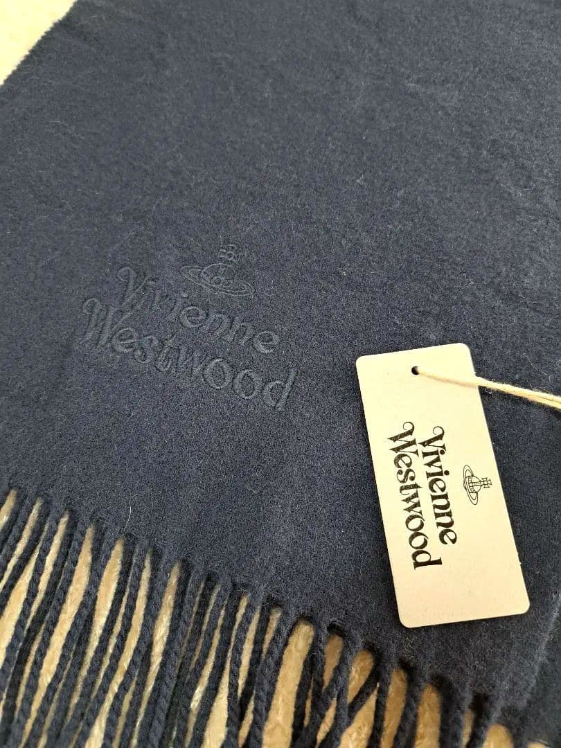 【新品】ヴィヴィアンウエストウッド ウール マフラー 黒 ロゴ オーブ　ネイビー