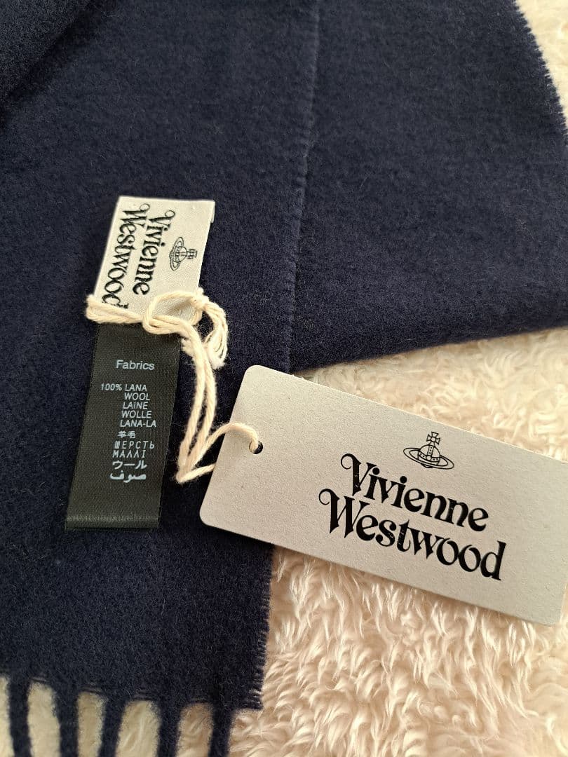 【新品】ヴィヴィアンウエストウッド ウール マフラー 黒 ロゴ オーブ　ネイビー