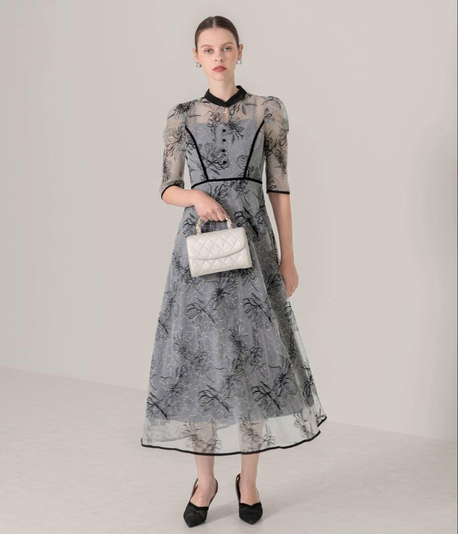 LEJA】配色パイピングプチハイネック花柄刺繍ラメレースロング丈ドレスワンピース