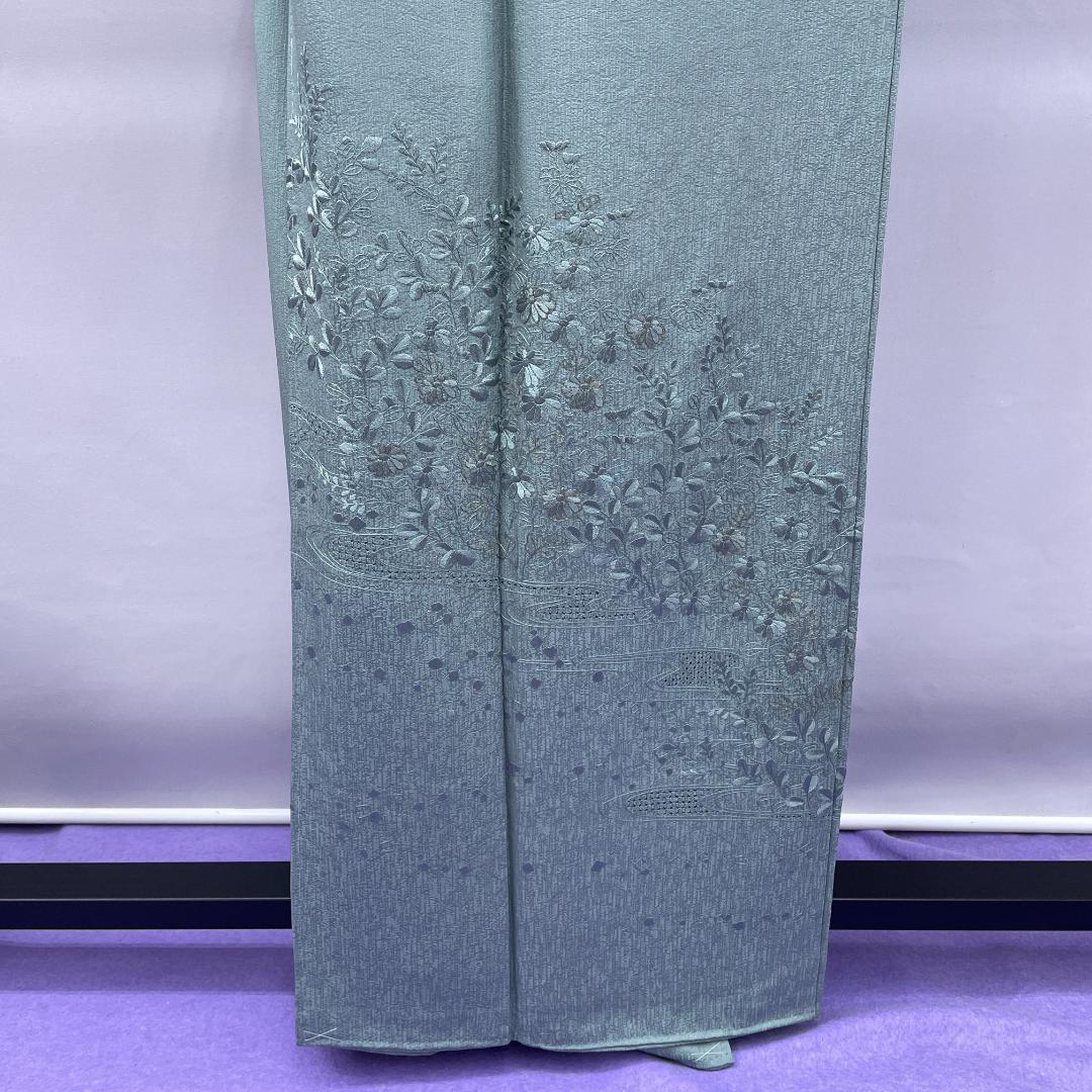 ★4074★ 訪問着 灰緑色 刺繍柄 袷 紋入り